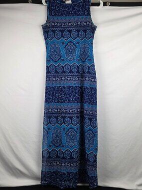 a fortiori Long Blue Sleeveless Patterned Dress Size S